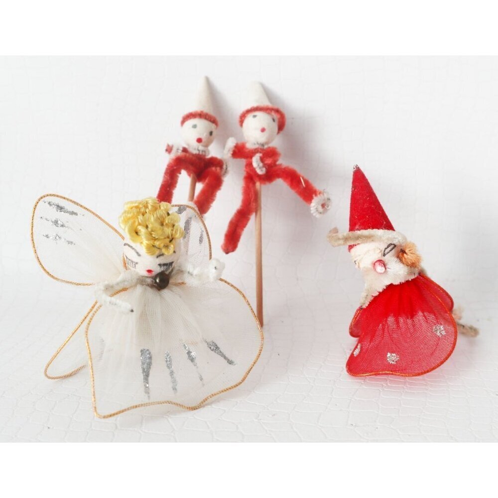 4 Vintage Christmas Decorations Angel Santa Cotton Spun Chenille Japan